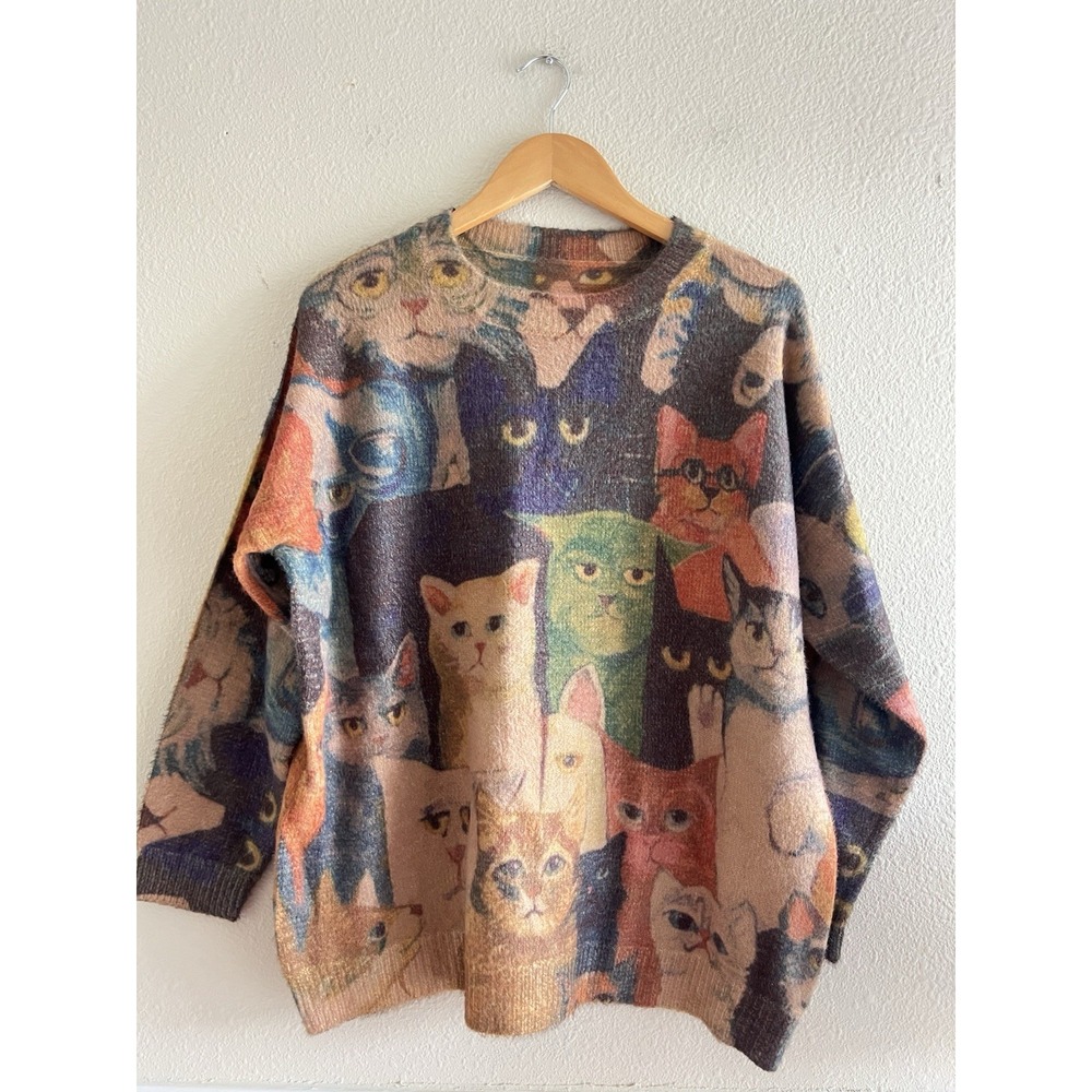 YESNO Cat Jacquard Knit Sweater Large Wool Blend Oversized Graphic Pullover Boho